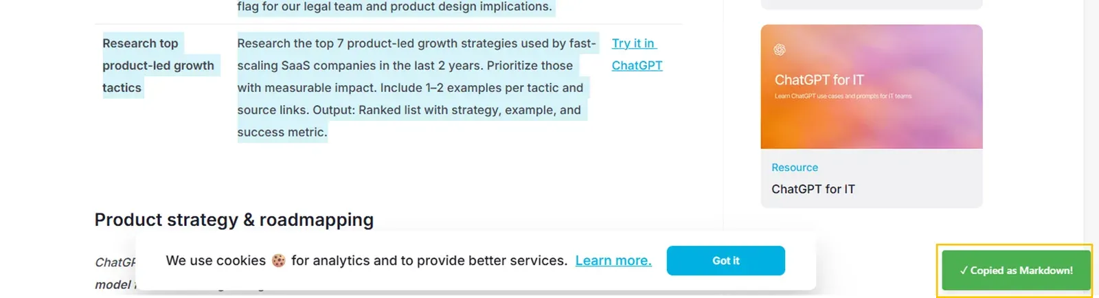 The green "Copied as Markdown!" toast confirming the conversion