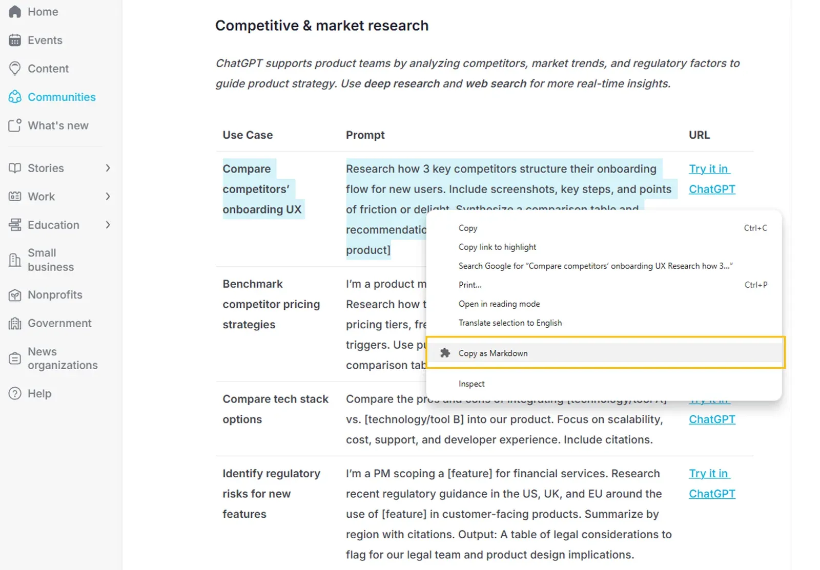 Right-clicking selected text on a web page, with the extension's "Copy as Markdown" option in the context menu