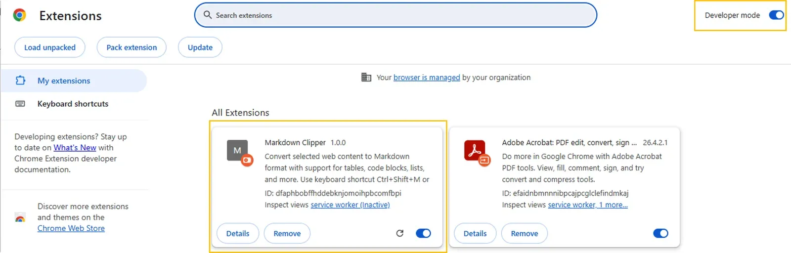 The chrome://extensions page with Developer mode on and the Markdown Clipper extension loaded unpacked